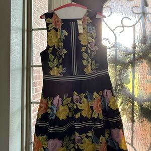 Anthro Black Floral Striped Midi Dress with faux cross-stitched Blooms